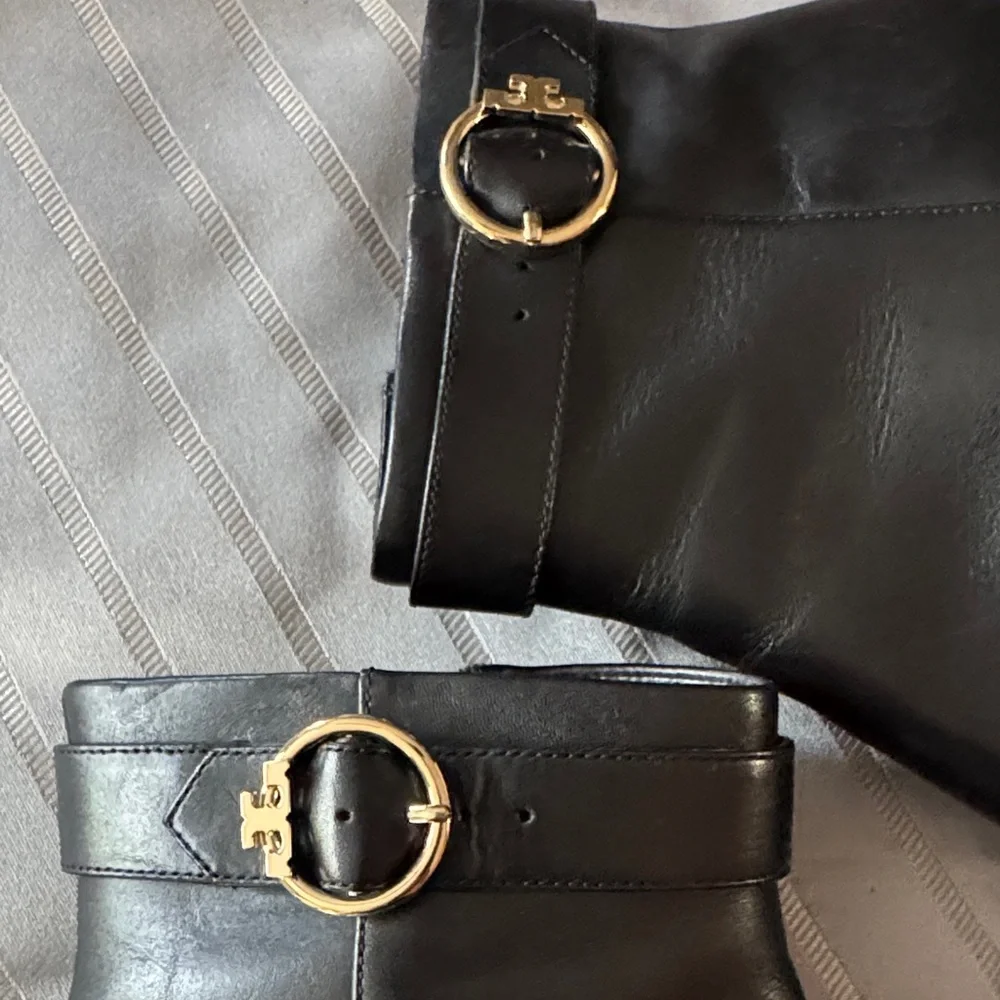 Tory Burch Sofia Dress Leather Black Leather Ankle Boots with Gold Accents - Picture 2 of 10